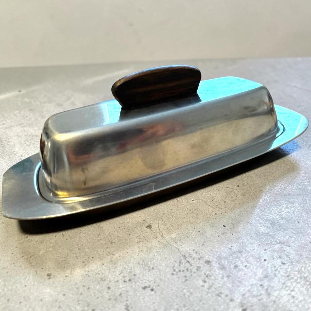 Vintage Danish Stainless Steel Butter Dish Teak Wood Handle Glass Sunburst